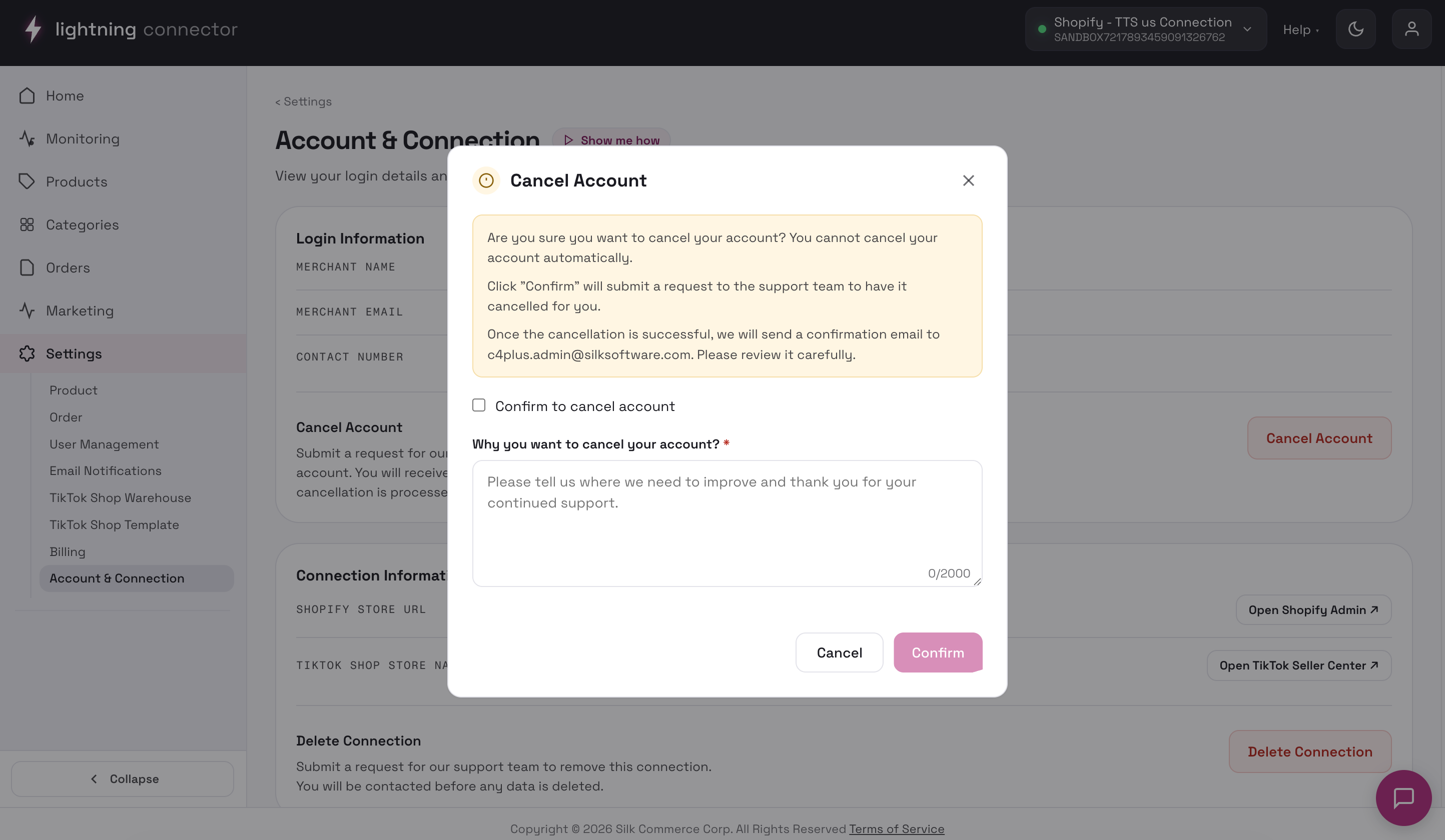 Cancel Account confirmation modal