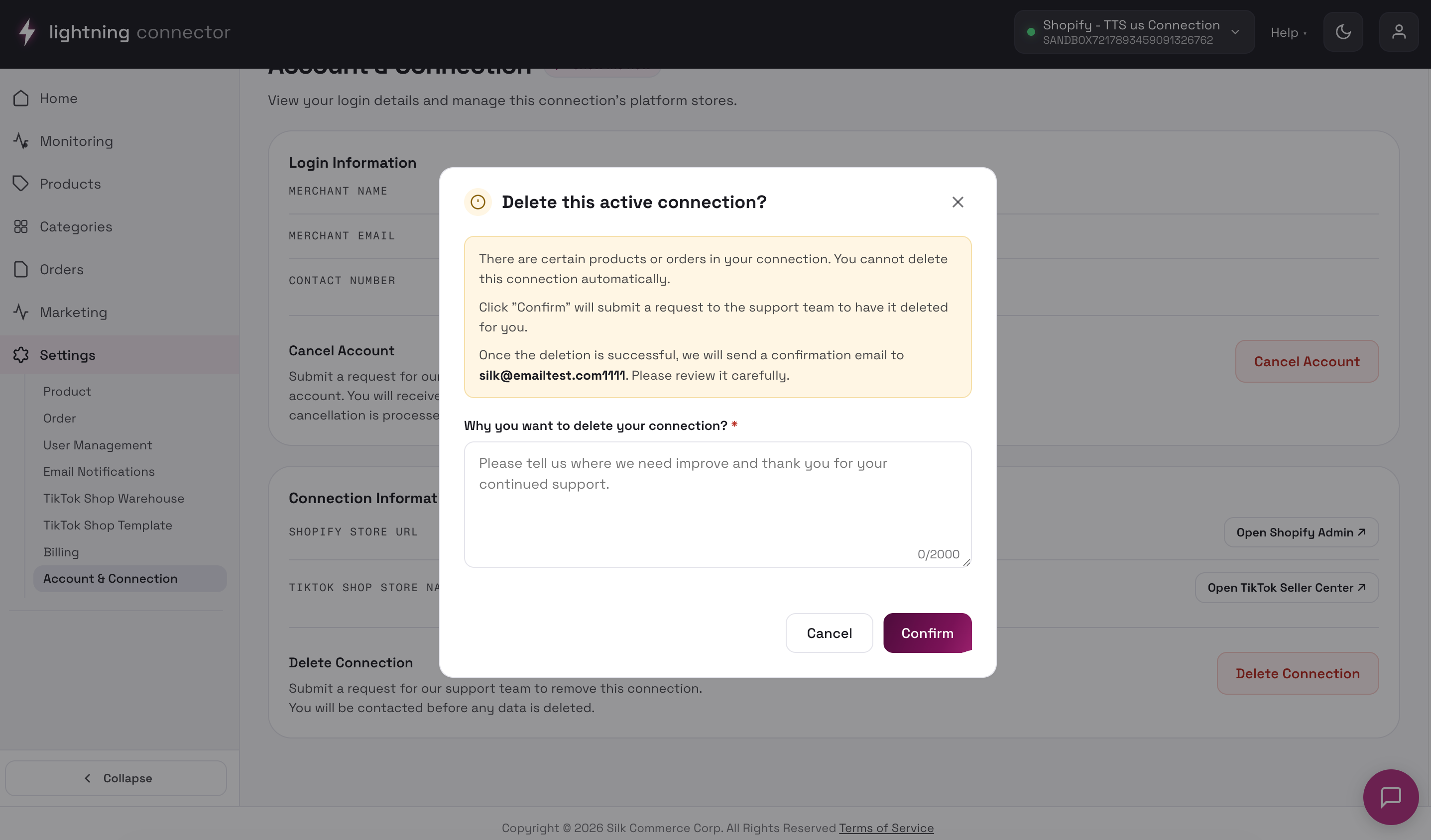 Delete Connection request modal