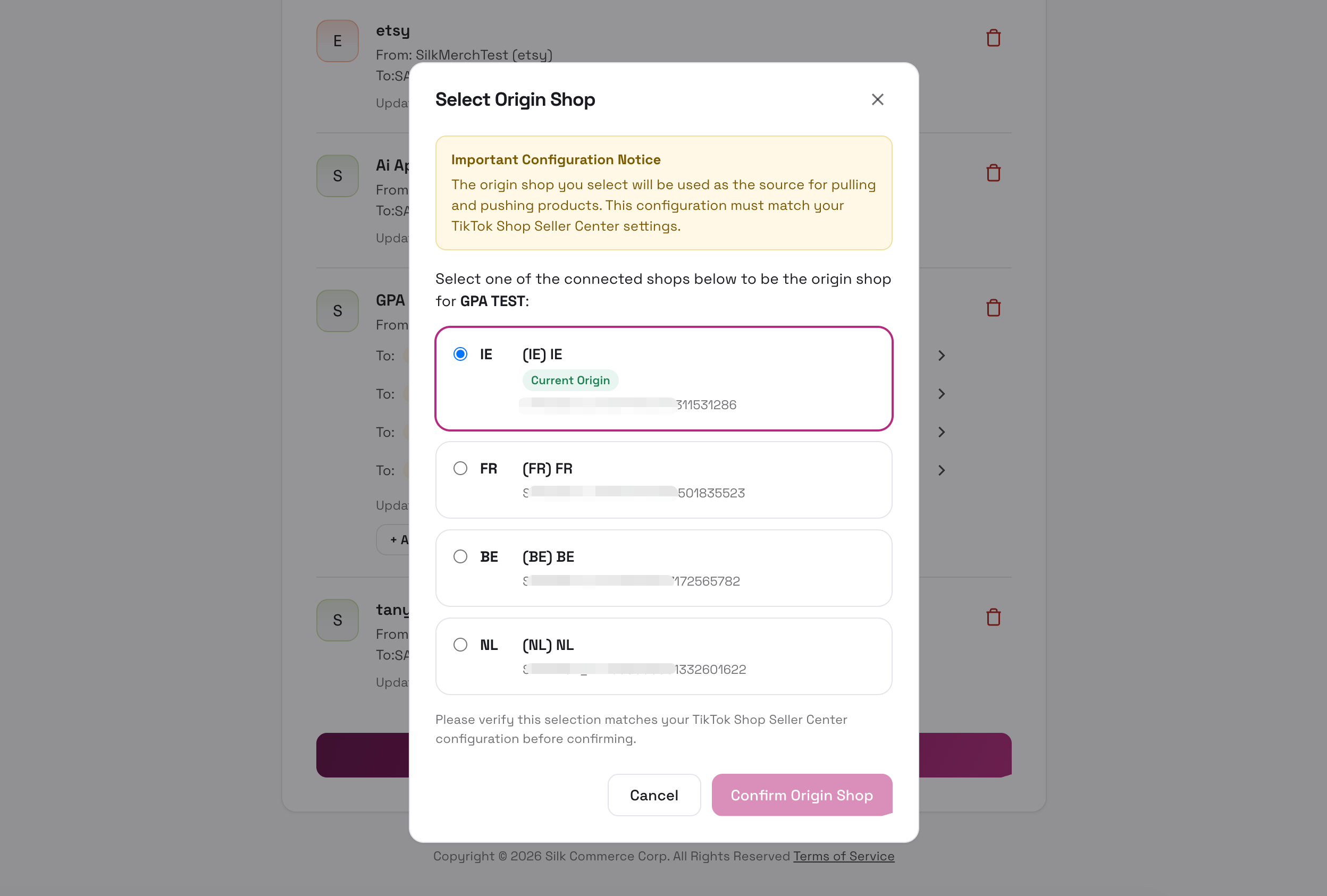 Select Origin Shop modal