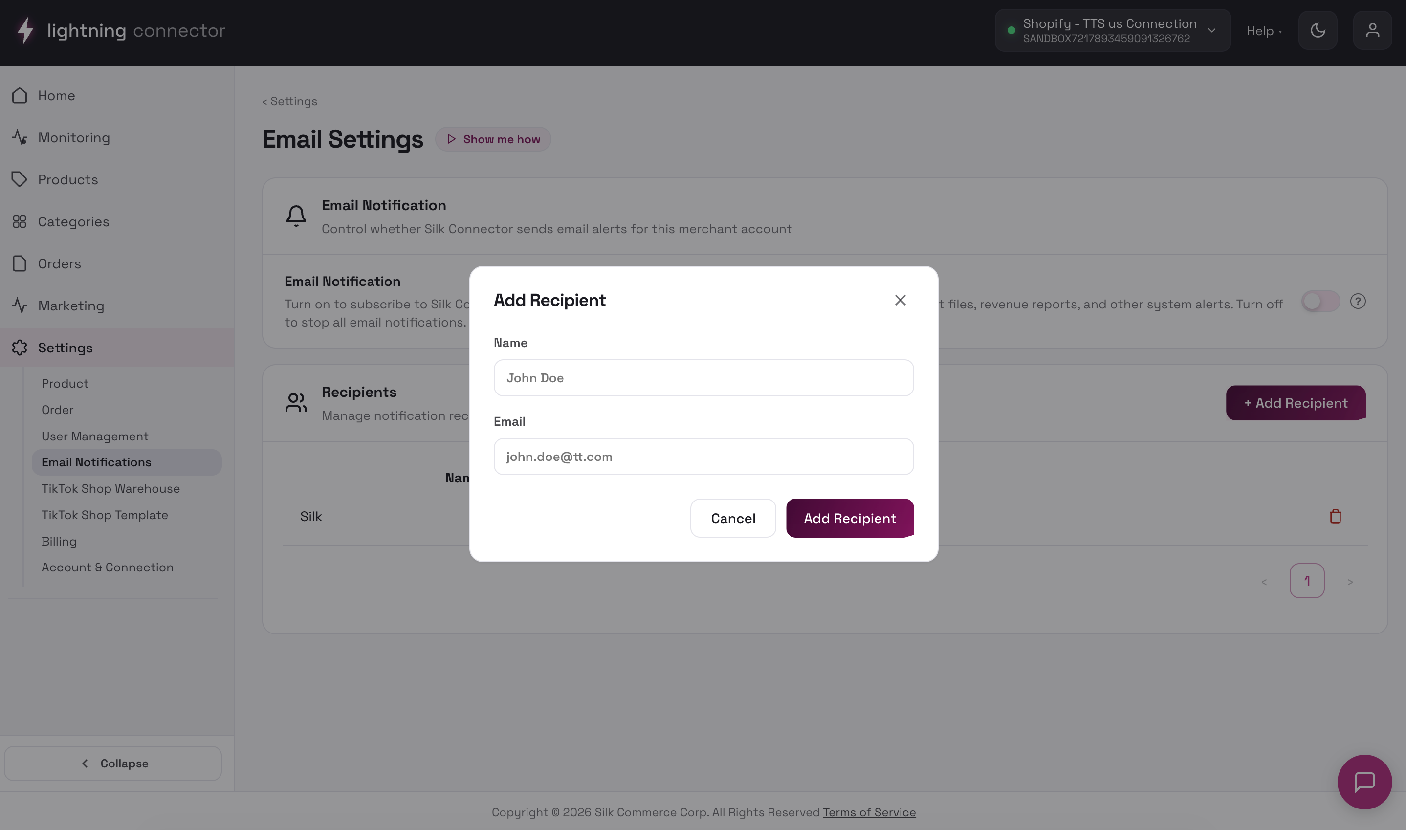 Add Recipient modal