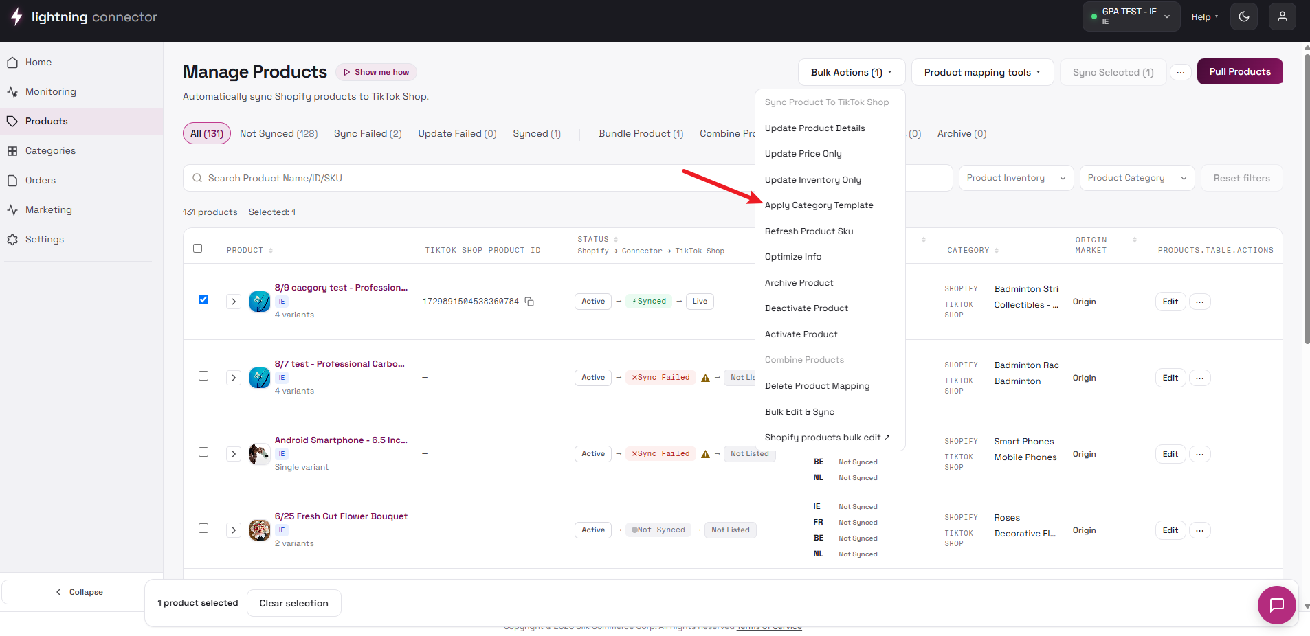 Apply Category Template dialog