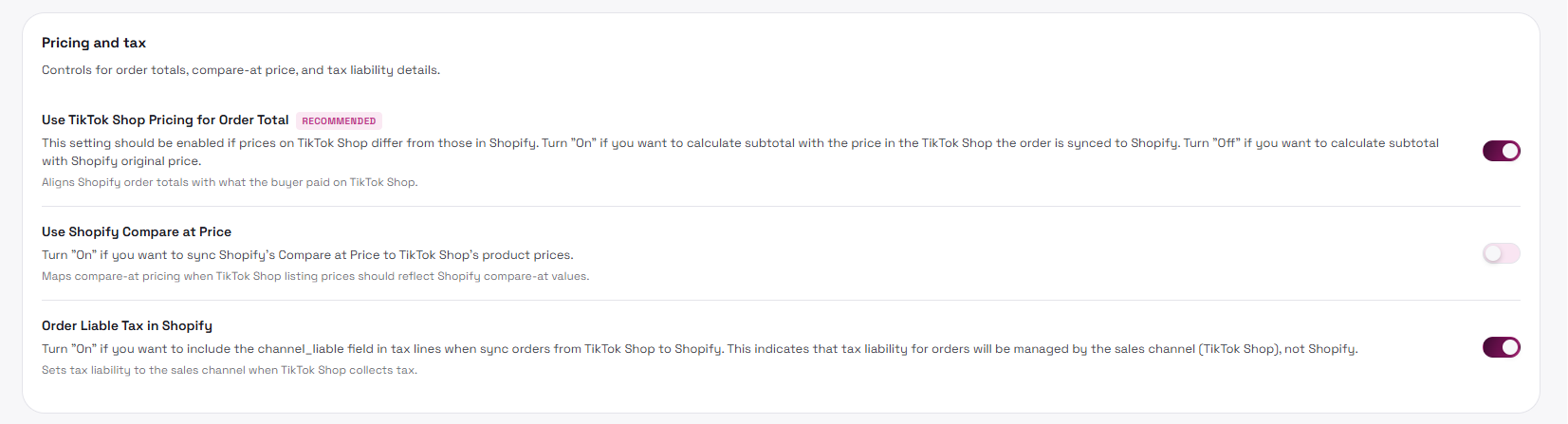 Order pricing and tax settings
