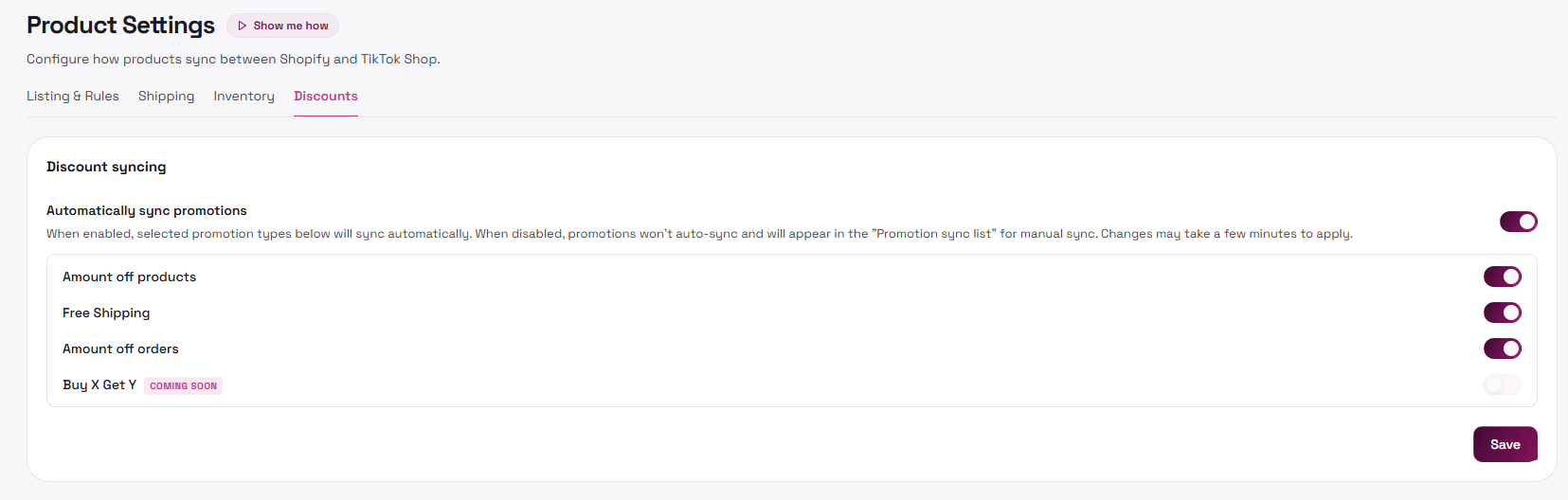 Product Settings discount syncing