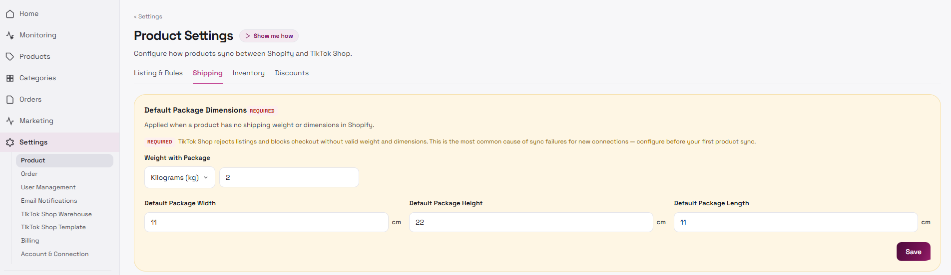 Product Settings shipping defaults