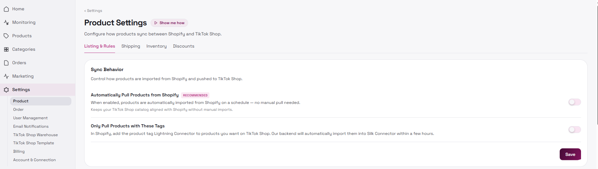 Product Settings sync behavior
