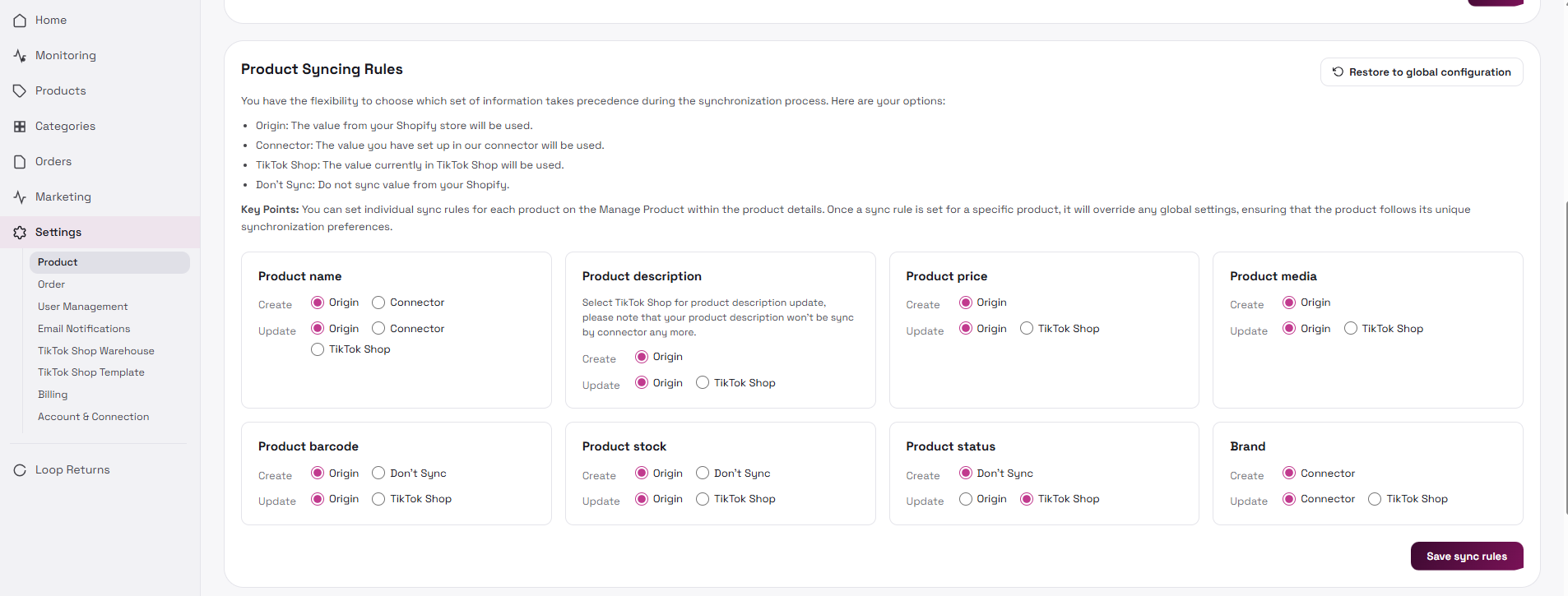 Product Settings field-level sync rules