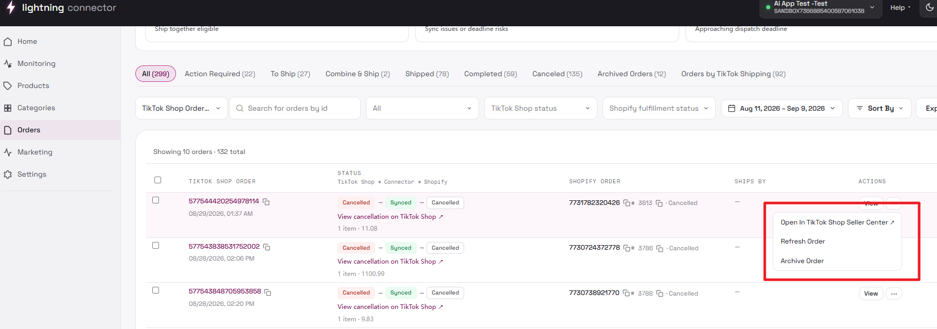 Manage Orders bulk selection actions