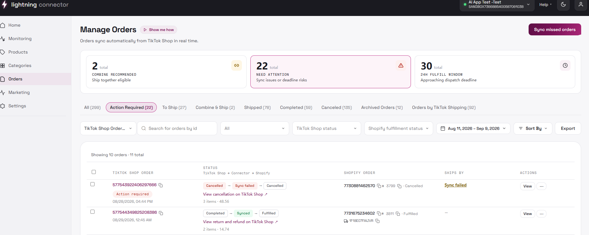 Manage Orders category tabs