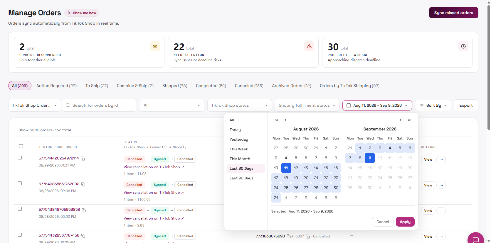 Manage Orders date range