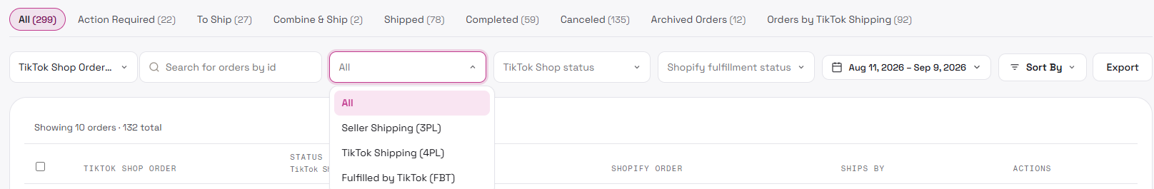 Manage Orders fulfillment type filter