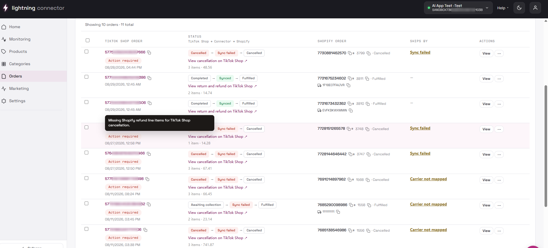 Manage Orders issue messages