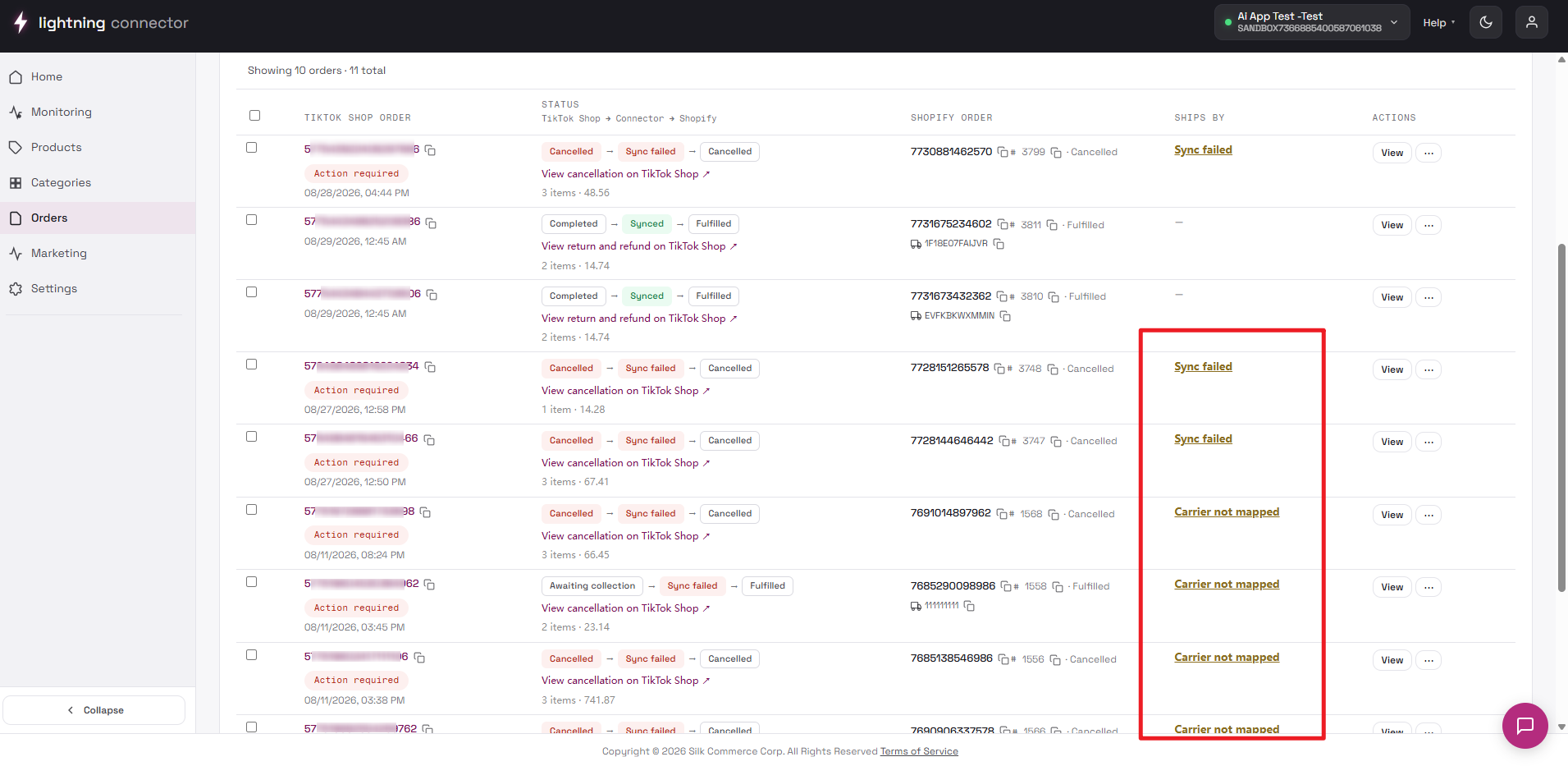 Manage Orders issue links