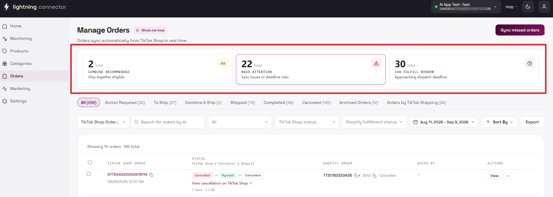 Manage Orders page layout