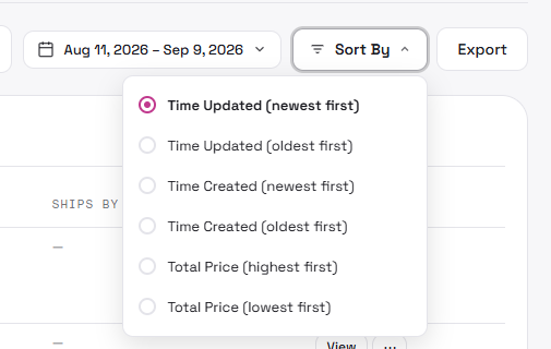 Manage Orders sort options