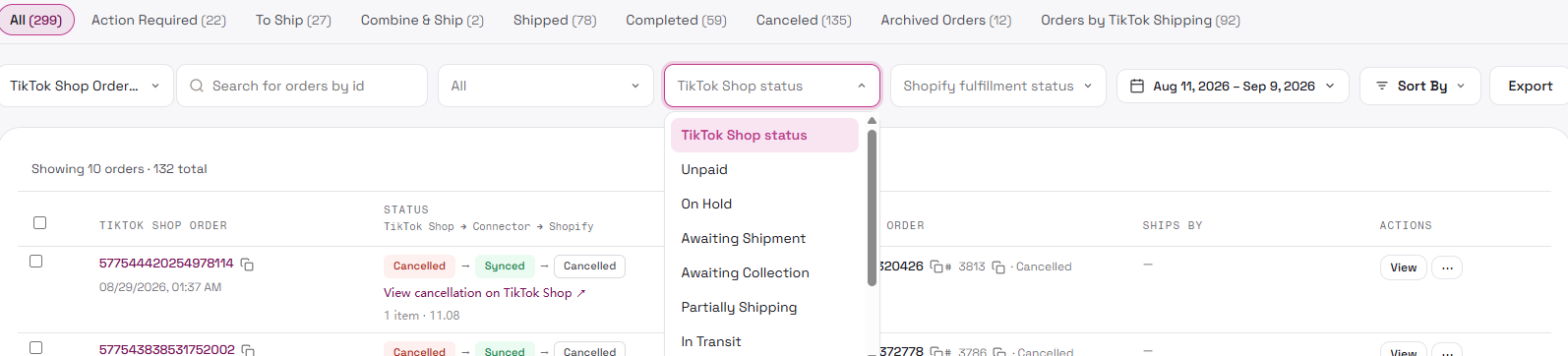 TikTok Shop order status filter