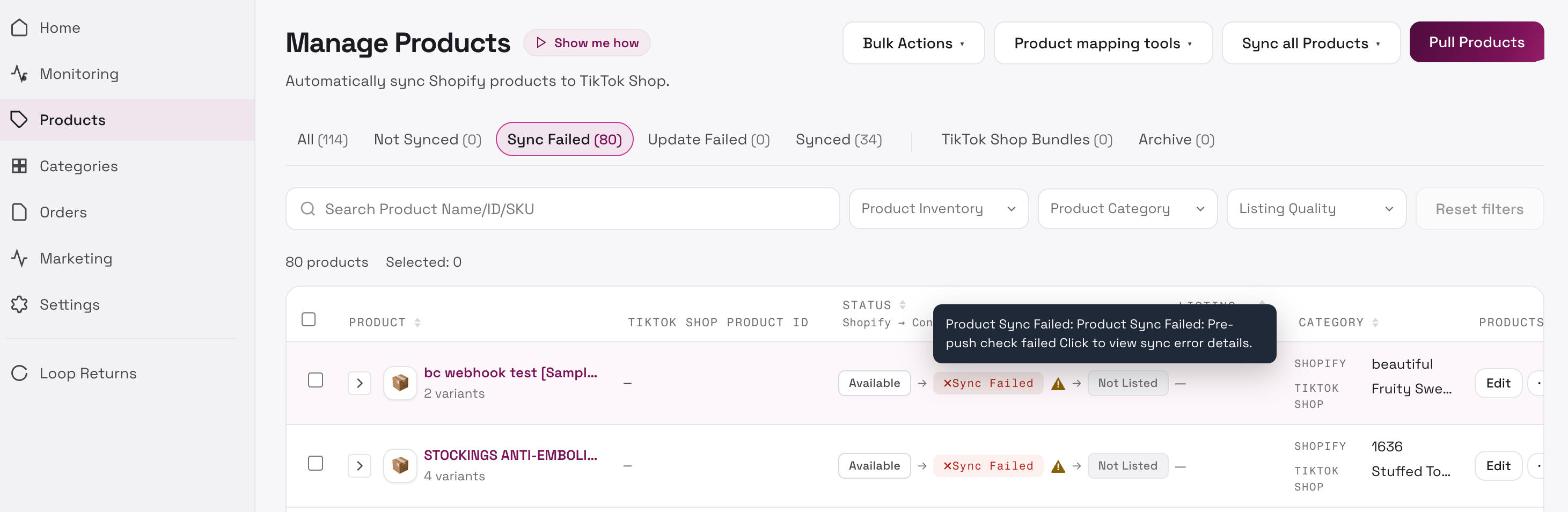 Product banners and statuses