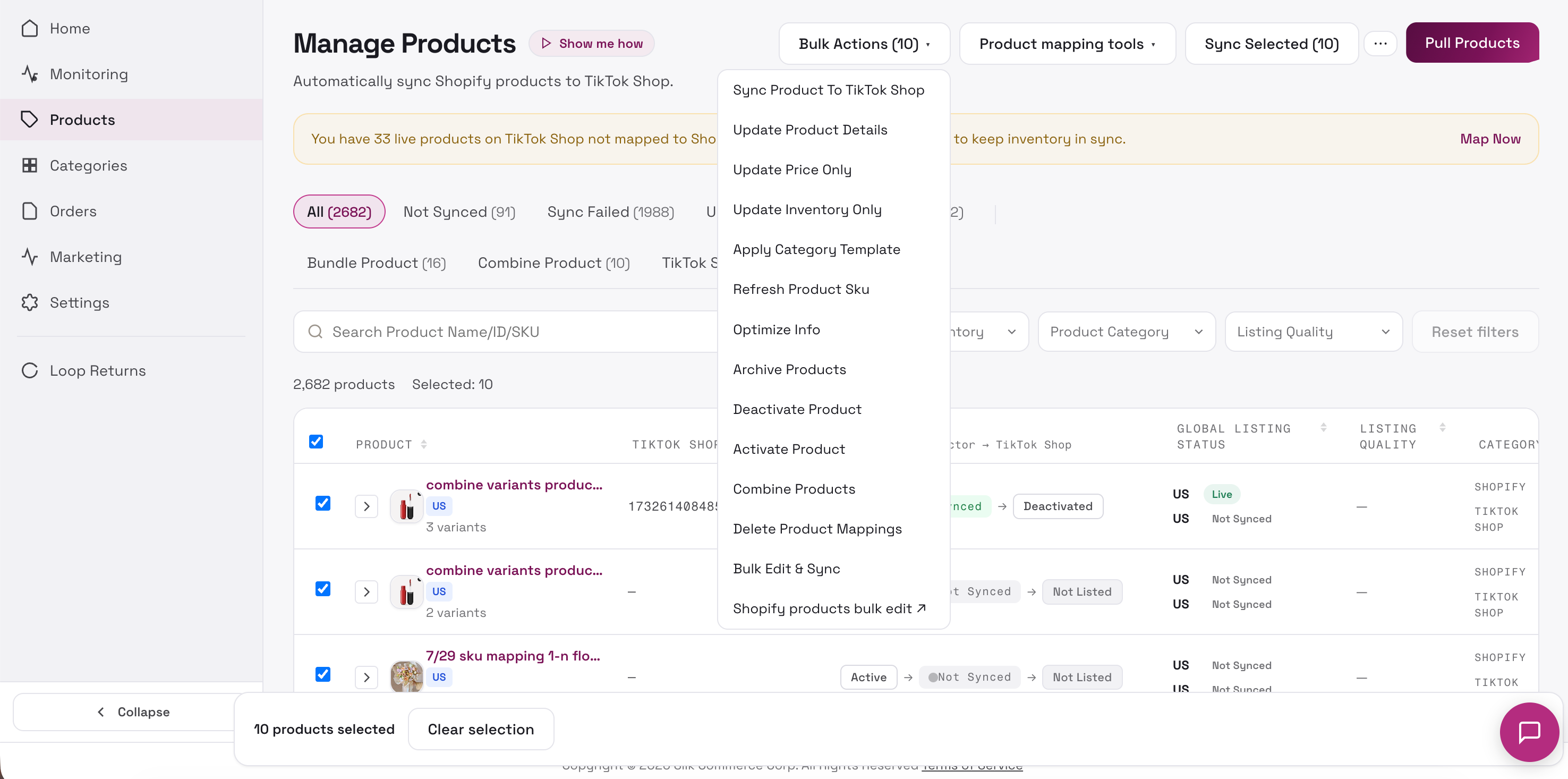 Manage Products bulk actions