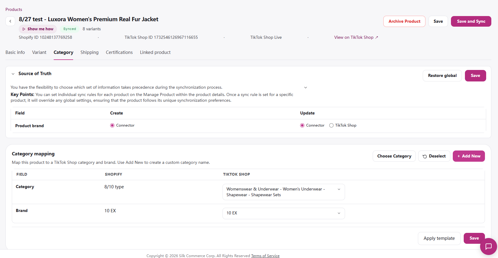 Product editor Category tab
