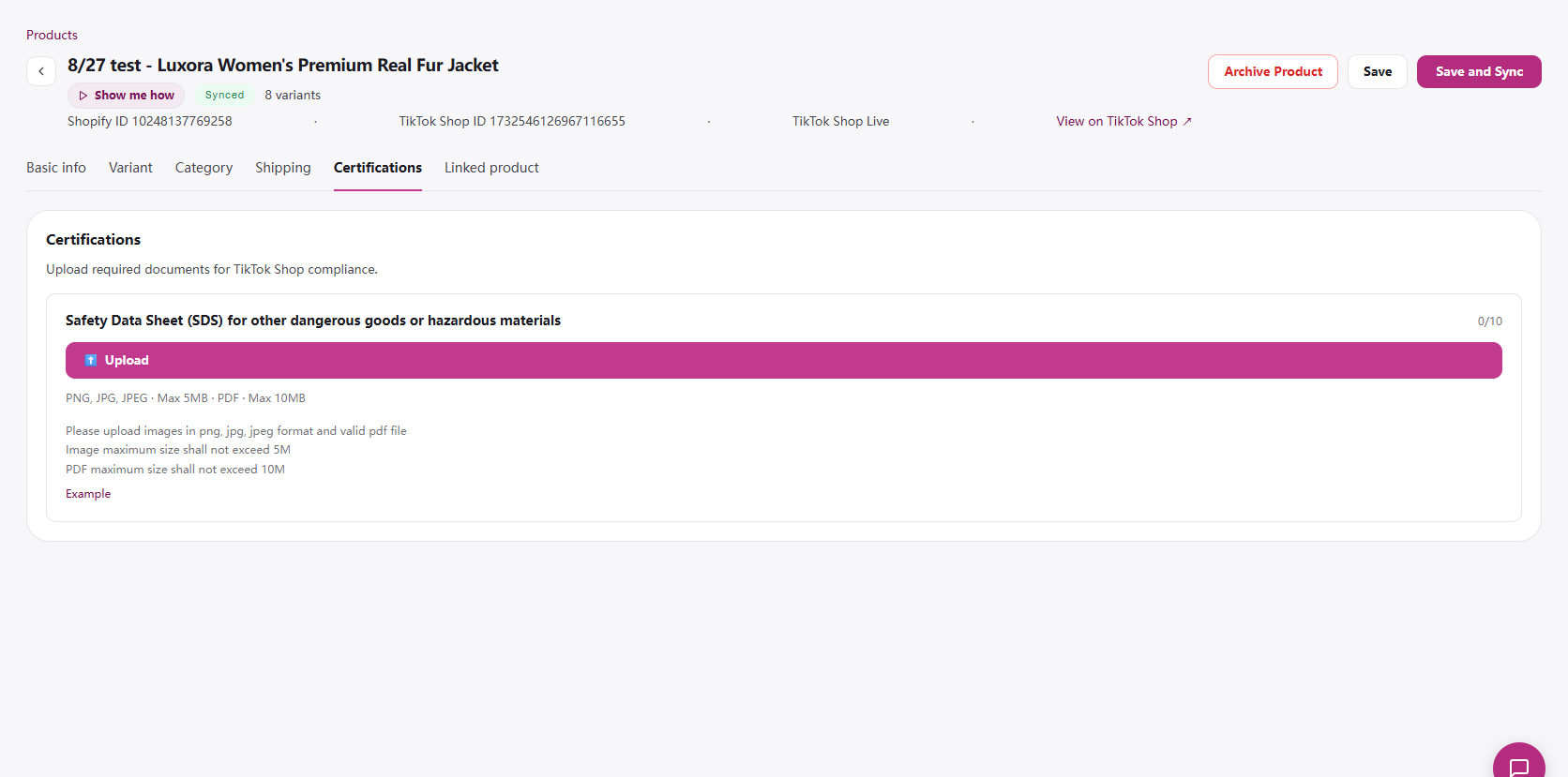 Product editor Certifications tab