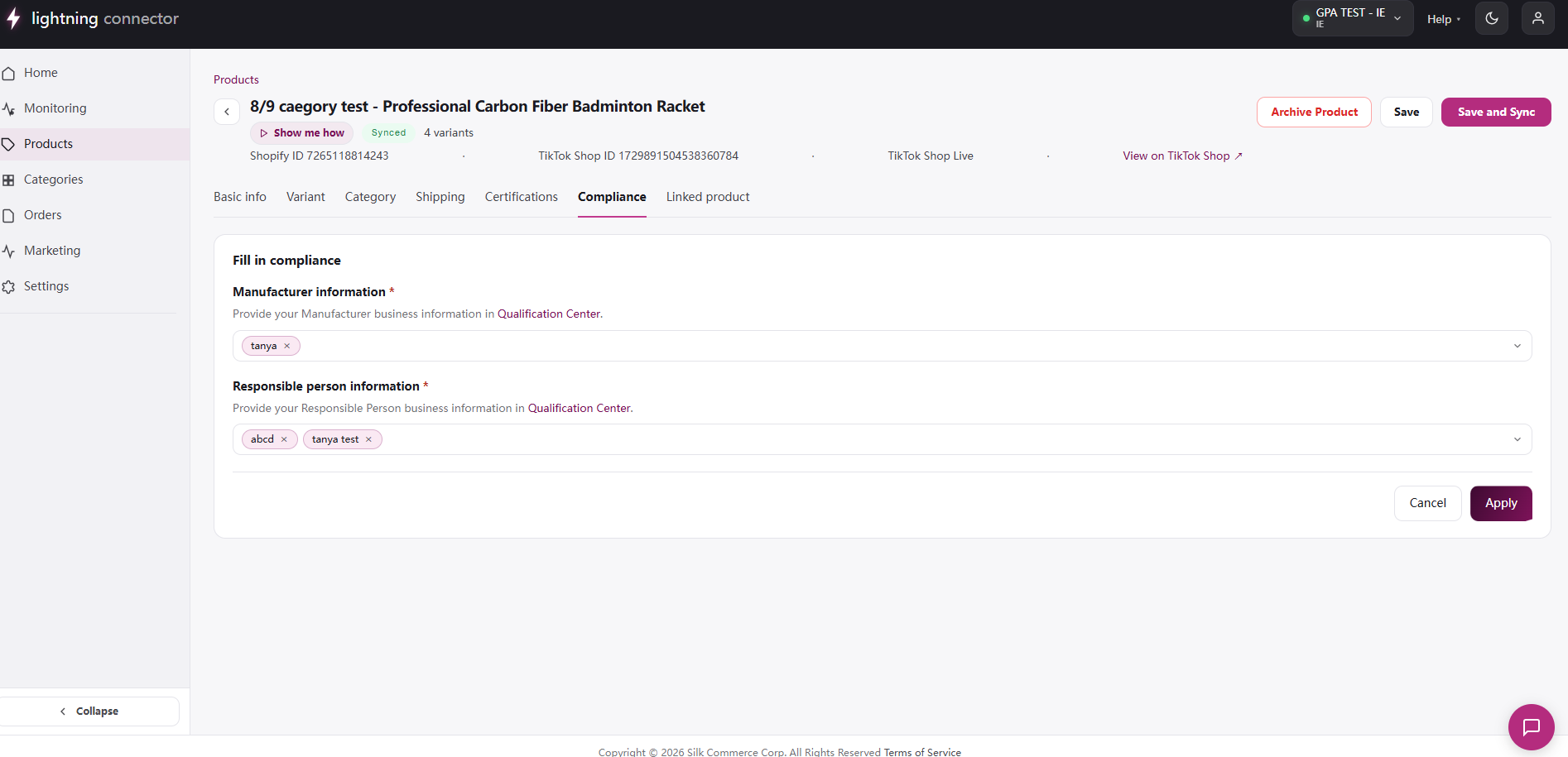 Product editor Compliance tab
