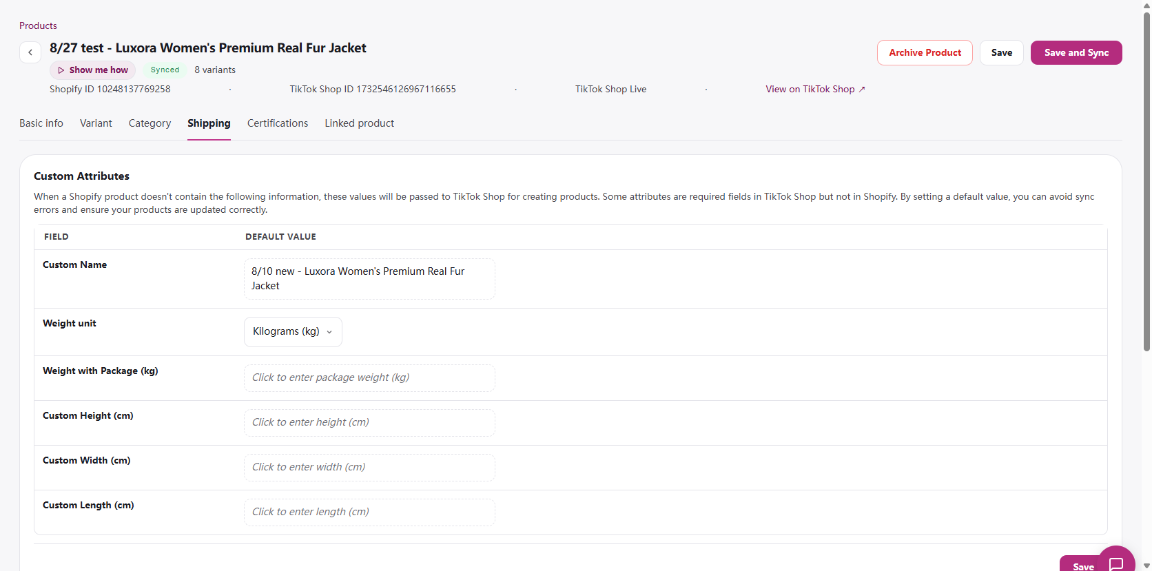 Product editor Shipping tab