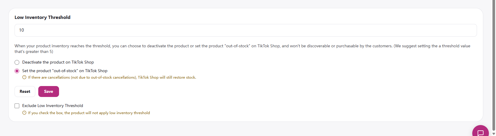Product editor Low inventory threshold