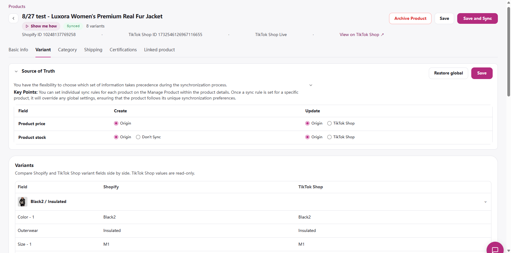 Product editor Variant tab
