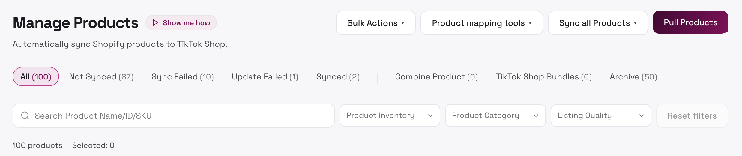 Manage Products filters