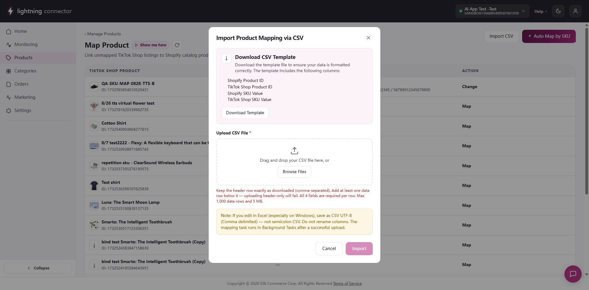 Product mapping Import CSV