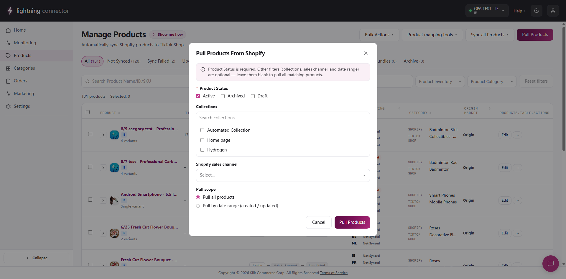 Pull Products modal