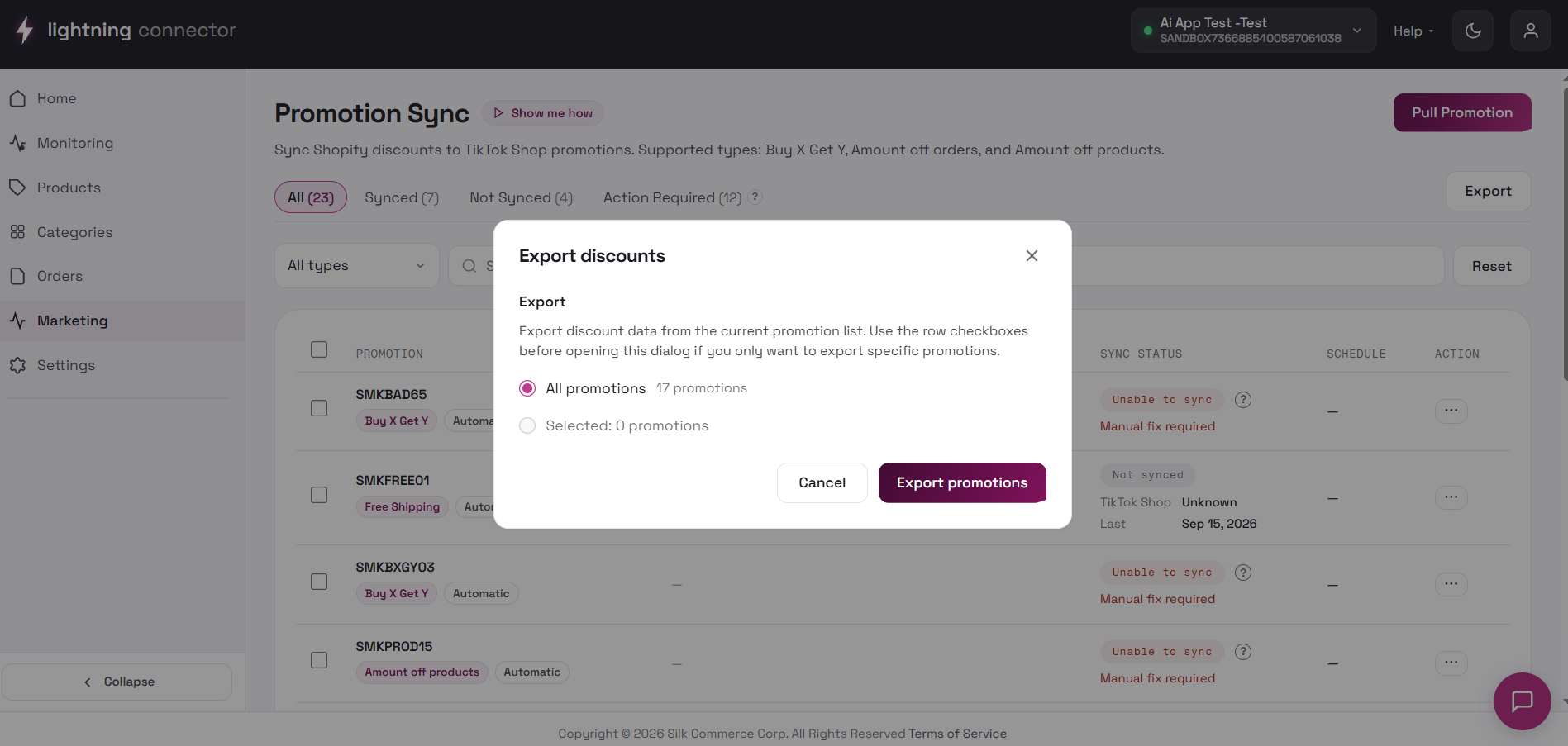 Export promotions dialog