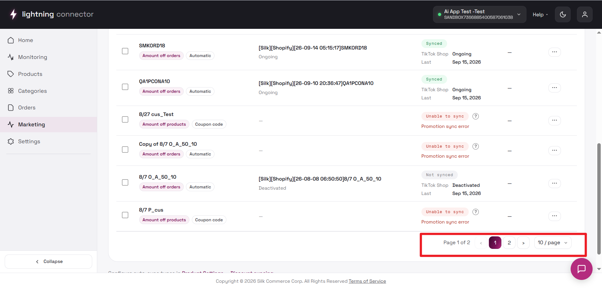 Promotion Sync list, status tabs, filters, and pagination