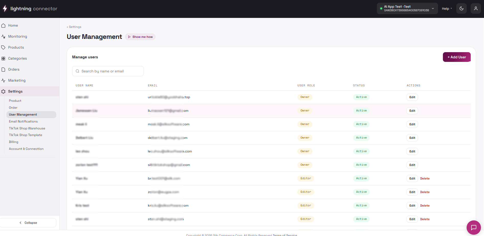 User Management table with search and Add User