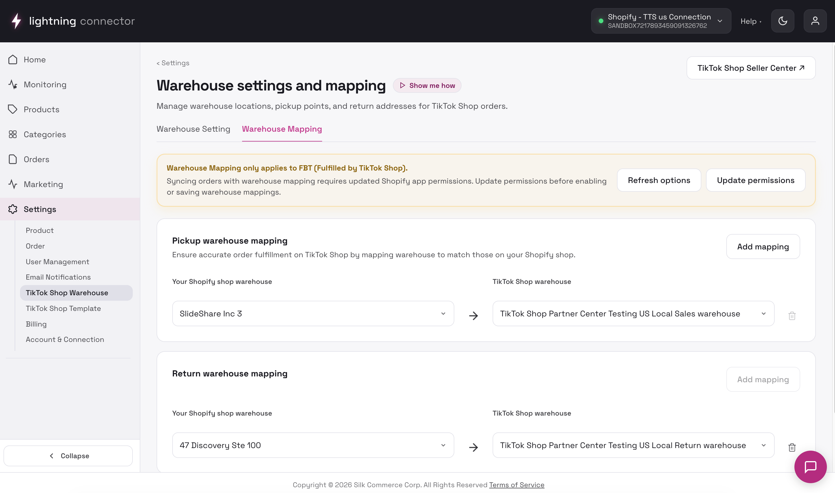 Warehouse settings and mapping