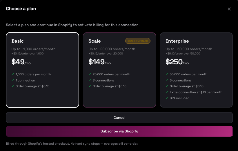 Choose a plan in dark mode
